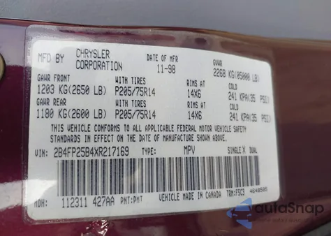 1999 Dodge Caravan z USA, uszkodzony, nr VIN 2B4FP25B4XR217169